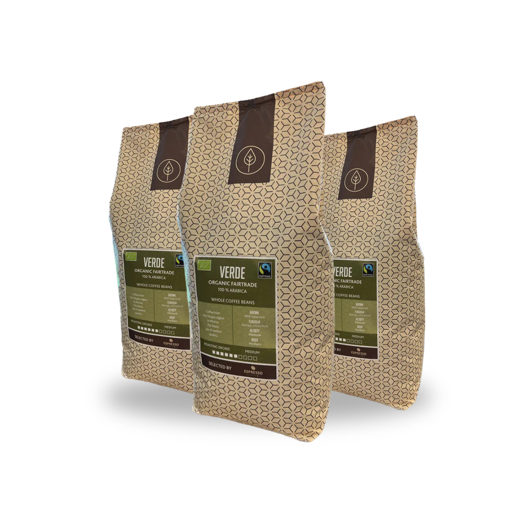 Hel kasse - Verde Hele Bønner Øko. + Fairtrade 6 kg.